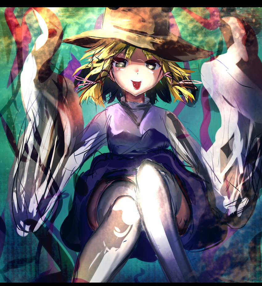 blonde_hair hair_ribbon hat highres hizagawa_rau moriya_suwako pyonta ribbon sketch solo thighhighs tongue tongue_out touhou white_legwear wide_sleeves yellow_eyes