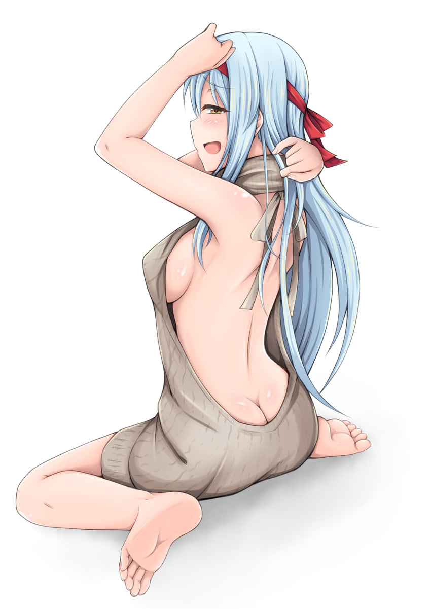 alternate_costume ass backless_dress backless_outfit bare_back bare_legs barefoot breasts butt_crack dress from_behind full_body hairband halterneck highres ippachi kantai_collection looking_at_viewer medium_breasts meme_attire naked_sweater open_mouth shiny shiny_skin shoukaku_(kantai_collection) sideboob sitting smile solo sweater sweater_dress toes turtleneck turtleneck_sweater virgin_killer_sweater white_hair yellow_eyes
