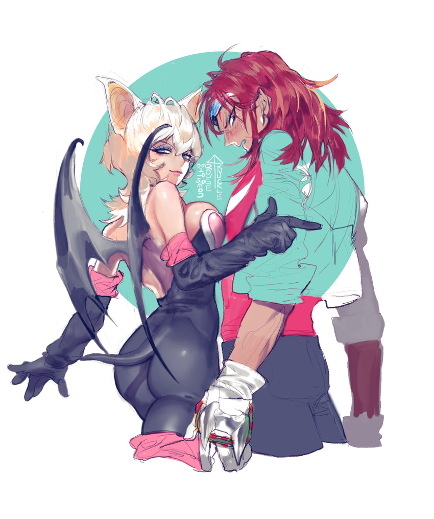 1girl ai_ai_gasa animal_ears ass bare_shoulders bat_ears bat_wings blush elbow_gloves eyeshadow eyewear_on_head gloves highres humanization knuckles_the_echidna looking_back makeup pigeon666 red_hair rouge_the_bat sonic_the_hedgehog sunglasses sweat tail white_hair wings