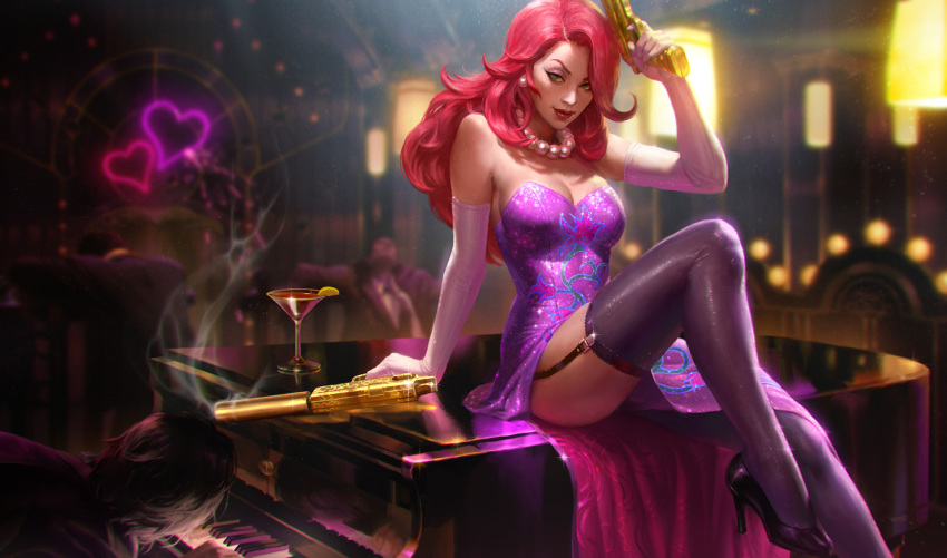 1girl alcohol alternate_costume bar bare_shoulders black_footwear breasts cleavage cocktail_dress cocktail_glass commentary cup death dress drinking_glass dual_wielding elbow_gloves english_commentary eyeshadow garter_straps gloves golden_gun grand_piano green_eyes gun handgun highres holding instrument jewelry kilart league_of_legends leg_up lipstick long_hair looking_at_viewer makeup making_of medium_breasts multiple_boys necklace nose official_art pearl_necklace piano pistol pumps purple_dress purple_legwear red_hair sarah_fortune secret_agent_miss_fortune shiny shiny_clothes smoke smoking_gun solo_focus suppressor wavy_hair weapon white_gloves