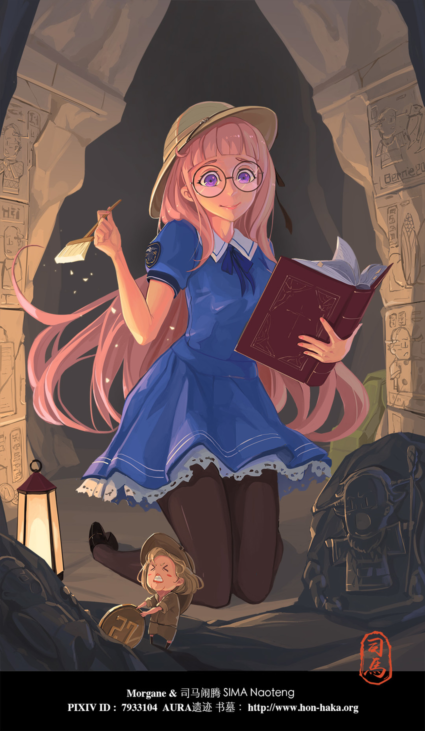 bag bernie_sanders black_footwear blue_dress book brush coin commentary_request dress frills glasses hat hieroglyphics high_heels highres hillary_clinton holding holding_book kneeling lamp long_hair pacific pantyhose pink_hair pulling purple_eyes real_life ribbon shoes sima_naoteng smile uss_mahan_(dd-364)