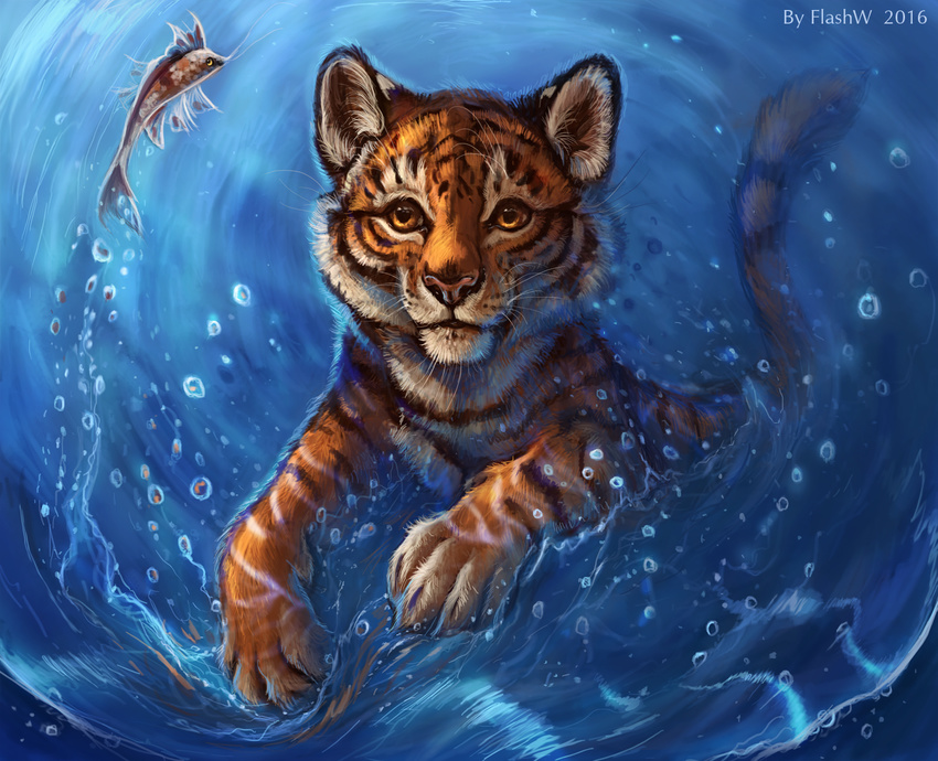 2016 amber_eyes ambiguous_gender detailed_background feline feral fish flashw fur mammal marine orange_fur partially_submerged paws pink_nose striped_fur stripes tiger water young