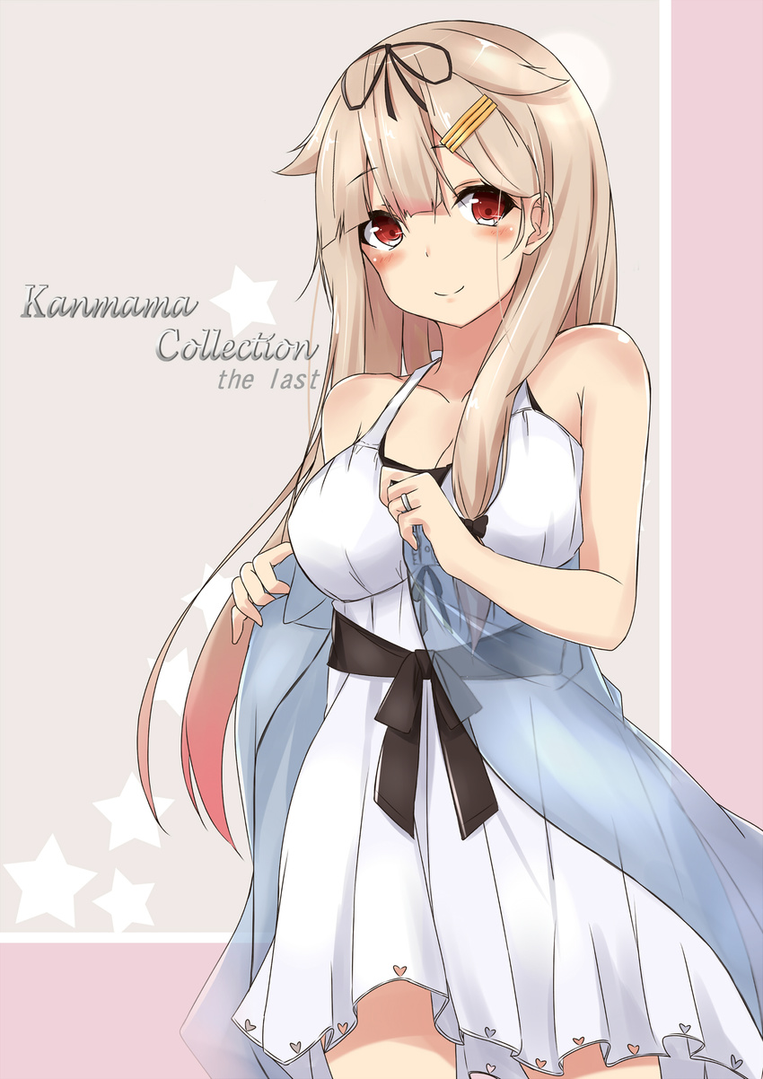 absurdres alternate_costume bare_shoulders breasts casual dress gradient_hair hair_flaps hair_ribbon heart heart_print highres jewelry kantai_collection light_smile long_hair looking_at_viewer medium_breasts multicolored_hair red_eyes red_hair remodel_(kantai_collection) ribbon ring saku_(kudrove) smile solo wedding_band white_dress yuudachi_(kantai_collection)