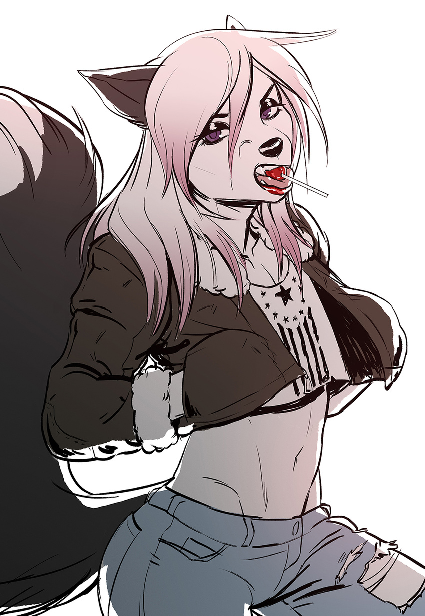 ambiguous_gender anthro candy canine clothed clothing fangs food fox girly hair half-closed_eyes lollipop looking_at_viewer mammal navel open_mouth piranhapettingzoo simple_background solo teeth tongue tongue_out white_background white_hair wide_hips