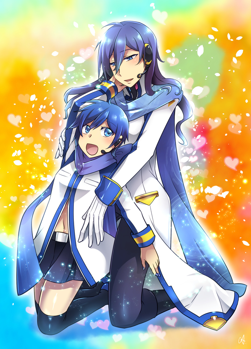 blue_eyes blue_hair blue_scarf caffein commentary_request dual_persona genderswap genderswap_(mtf) gloves headset highres kaiko kaito kaito_(vocaloid3) long_hair midriff multiple_girls nail_polish open_mouth scarf short_hair skirt smile thighhighs vocaloid