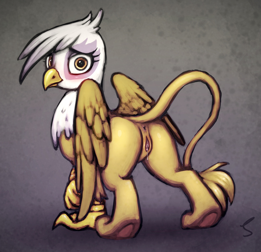 2016 anus avian beak blush butt eyelashes feathered_wings feathers female feral friendship_is_magic gilda_(mlp) gryphon hi_res looking_at_viewer my_little_pony paws pussy pussy_juice selenophile solo wings