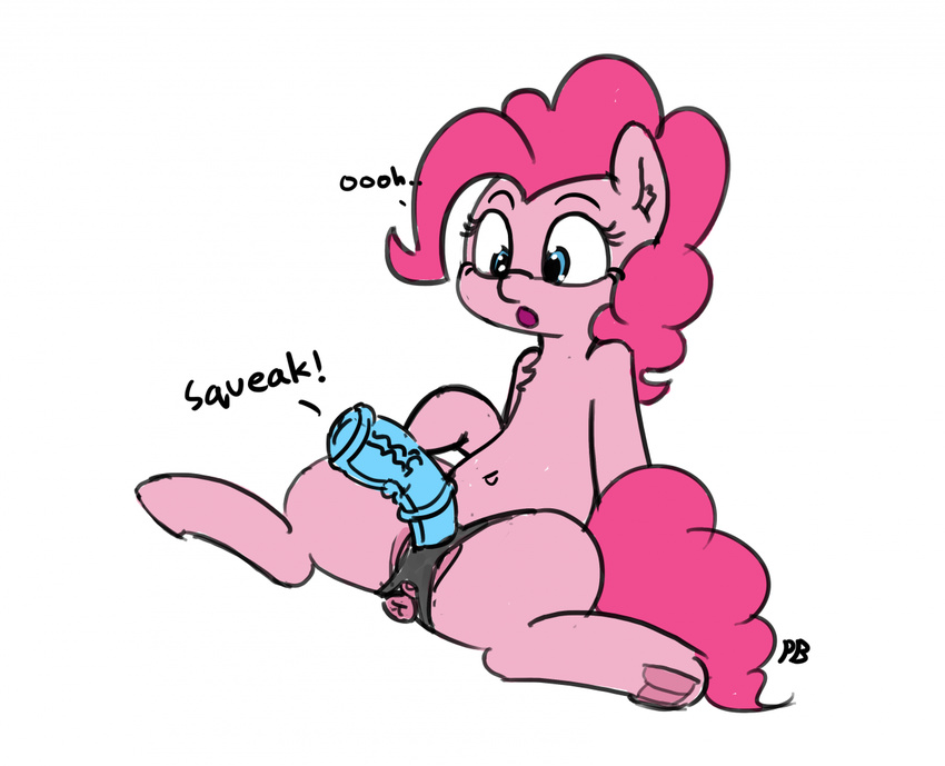 anus chest_tuft dildo earth_pony english_text equine friendship_is_magic hair horse mammal my_little_pony navel open_mouth pabbley pink_hair pinkie_pie_(mlp) pony pussy sex_toy simple_background solo strapon text tuft white_background