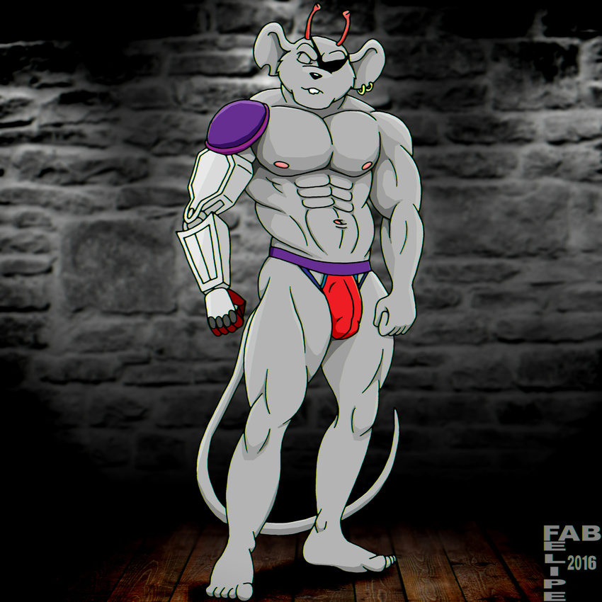 2016 alien antennae anthro biceps big_muscles biker biker_mice_from_mars biped black_nose bulge clothed clothing digital_media_(artwork) dotted_background eye_patch eyes_closed eyewear fabfelipe flexing fur grey_fur jockstrap male mammal martian metal metal_arm modo mouse muscular muscular_male pattern_background portrait rodent shoulder_guards simple_background solo topless underwear