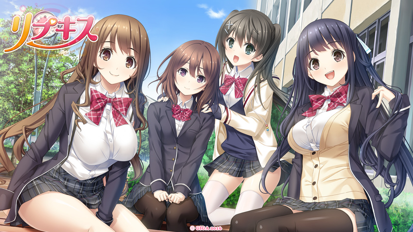 4girls :) black_eyes black_hair blue_hair bowtie breasts brown_eyes brown_hair building clouds collared_shirt copyright_name eyebrows eyebrows_visible_through_hair futaba_saki futaba_yuiri game_cg happy highres hitsuji_takako itsugaya_hayane itsugaya_kanade kneeling large_breasts legs lip_kiss long_hair long_sleeves looking_at_viewer mikoto_akemi multiple_girls open_mouth original outdoors pantyhose purple_eyes school school_uniform short_hair sitting skirt sky small_breasts smile thighhighs thighs trees twintails unasaka_ryou