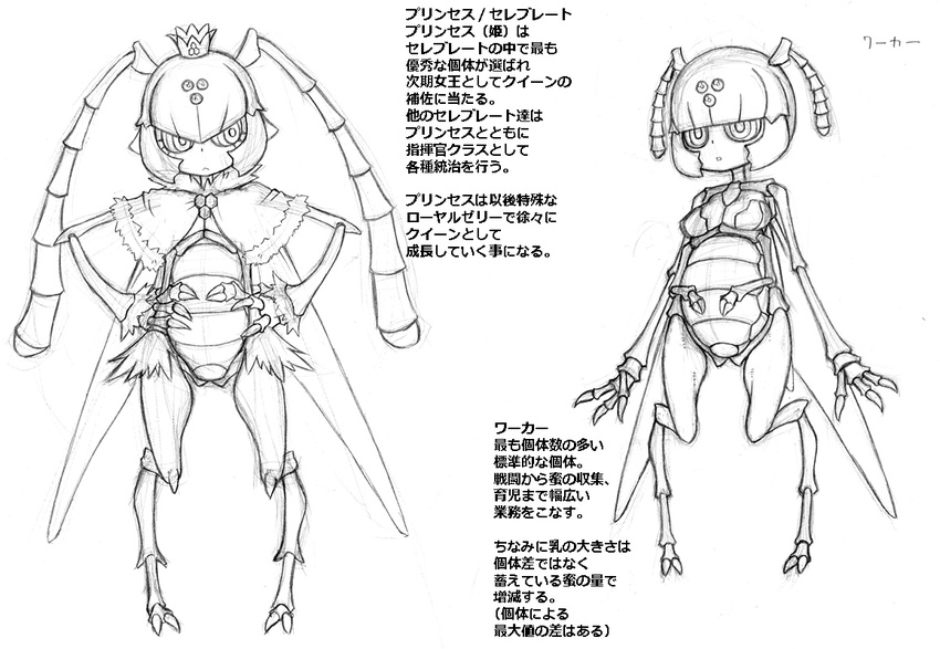 antennae bee_girl breasts check_translation crown extra_eyes furry greyscale holding holding_stomach insect_girl insect_wings jon_henry_nam medium_breasts monochrome monster_girl multiple_arms multiple_girls original translation_request wings