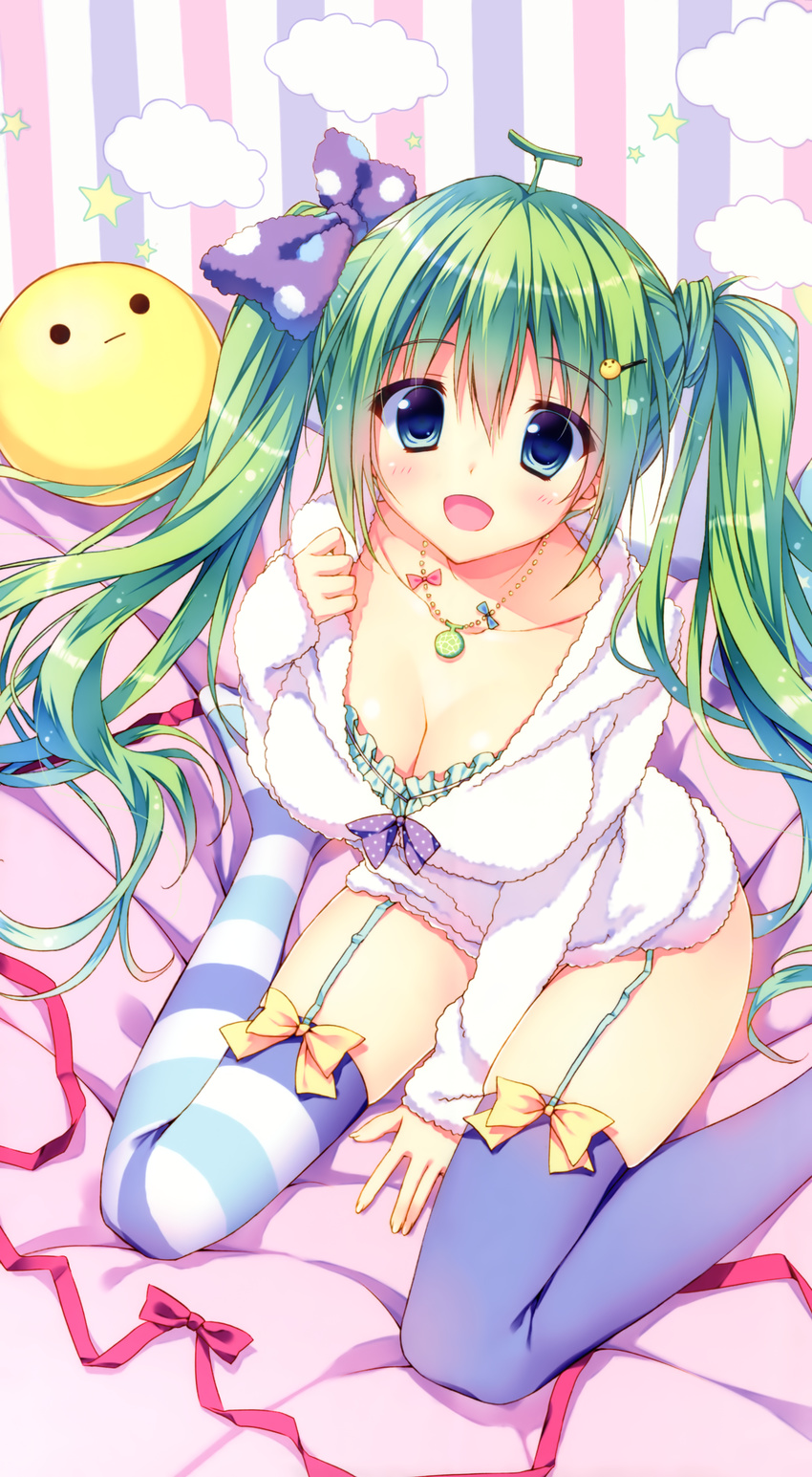 :d :| absurdres asymmetrical_legwear blue_eyes blush breasts cleavage closed_mouth collarbone colored_stripes downblouse garter_straps green_hair highres jacket jewelry large_breasts long_hair long_sleeves looking_at_viewer looking_up melon-chan melonbooks mismatched_legwear necklace open_mouth purple_legwear ryouka_(suzuya) sitting smile smiley_face solo striped striped_background striped_legwear tareme thighhighs twintails vertical-striped_background vertical_stripes wariza