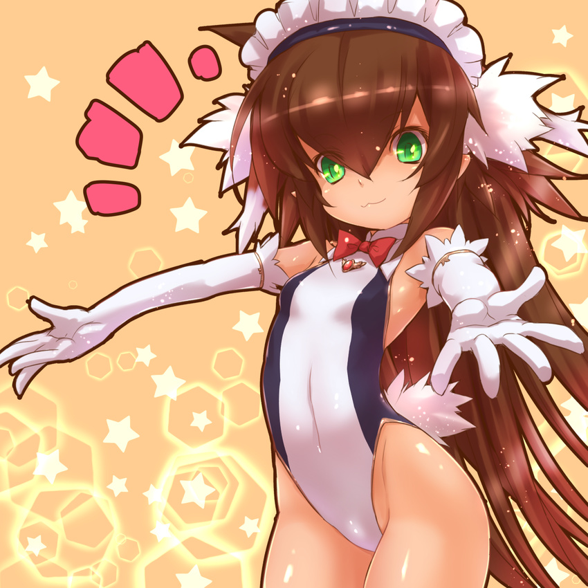 :3 alternate_costume bella_(sennen_sensou_aigis) bow bowtie breasts brown_hair cowboy_shot elbow_gloves gloves green_eyes highres leotard long_hair maid_headdress orange_background outstretched_arms sennen_sensou_aigis small_breasts solo spread_arms star starry_background tsukigami_chronica very_long_hair