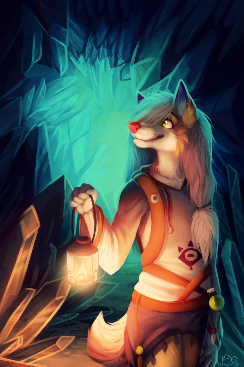 2015 5_fingers anthro belt bottle canine cave cheek_tuft clothed clothing countershading crystal detailed_background eyebrows eyelashes feathers female flemaly fully_clothed fur hair hair_over_eye holding_object inner_ear_fluff lantern little_vixen_(fluffylittlevixen) long_hair looking_up mammal multicolored_fur potion red_nose signature smile solo straps tan_fur tuft two_tone_fur whiskers white_fur white_hair white_tail wolf yellow_eyes