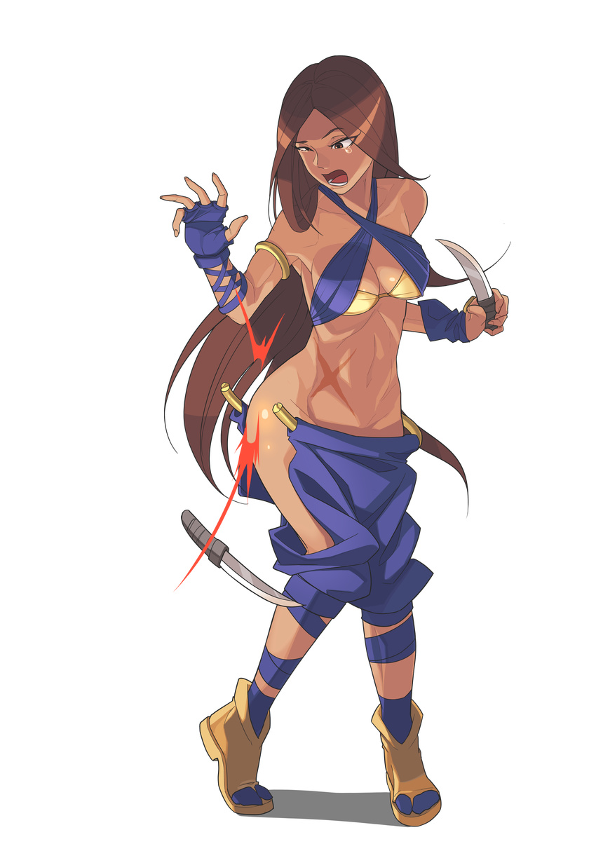 absurdres armlet baka_guruo breasts brown_eyes brown_hair criss-cross_halter cutting dark_skin dungeon_and_fighter fingerless_gloves full_body gloves halter_top halterneck highres large_breasts long_hair open_mouth scar solo standing tears torn_clothes transparent_background very_long_hair