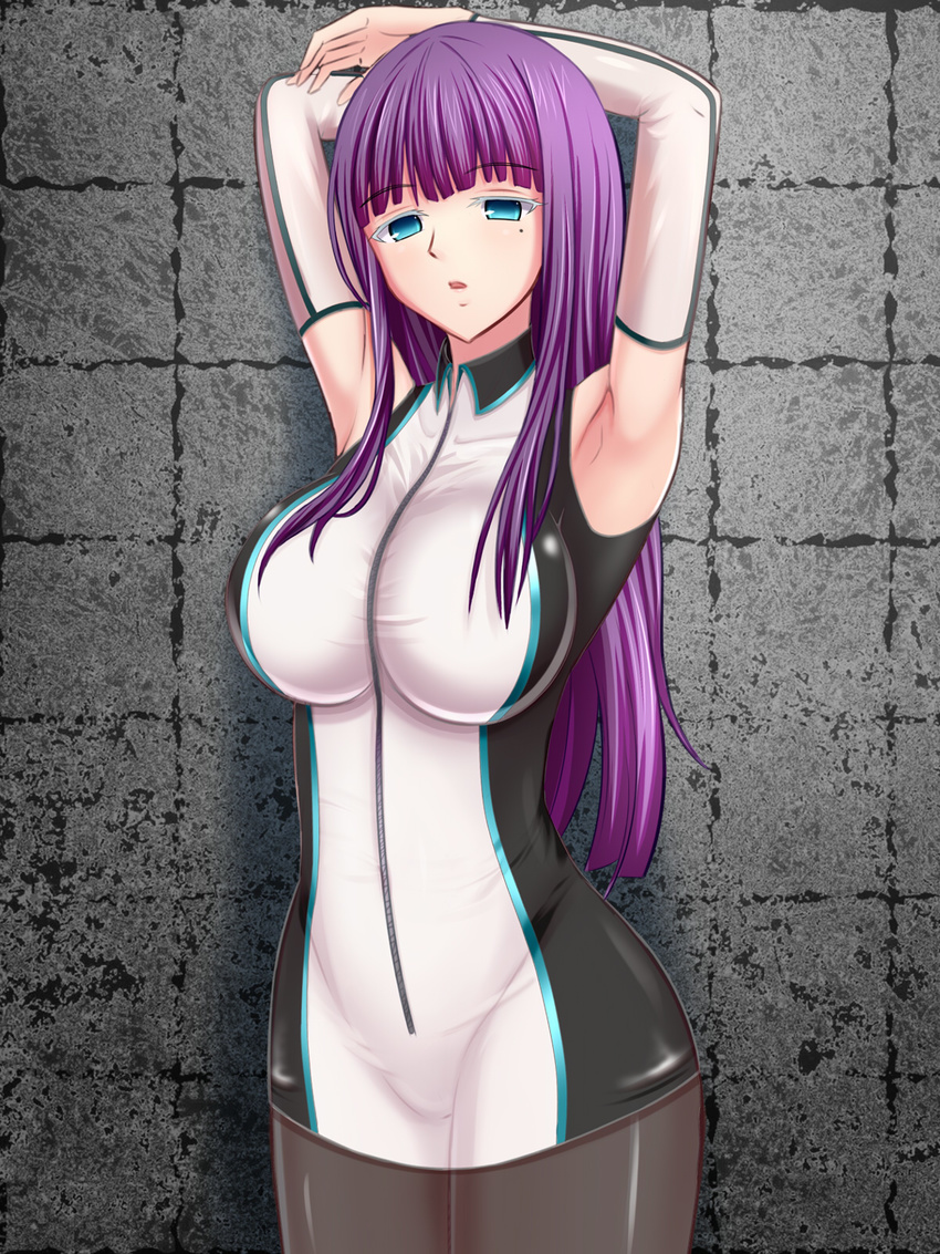 aaabbbccccc armpits arms_up black_legwear blue_eyes breasts commentary_request cowboy_shot detached_sleeves full-length_zipper highres large_breasts long_hair looking_at_viewer mole mole_under_eye pantyhose parted_lips purple_hair shuumatsu_no_harem skin_tight solo suou_mira zipper