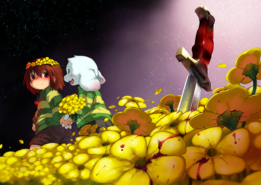 androgynous asriel_dreemurr blood blush brown_hair chara_(undertale) dagger flower green_eyes head_wreath heart highres holding_hands jewelry monster_boy open_mouth pendant petals rai-rai red_eyes smile spoilers star_(sky) undertale weapon