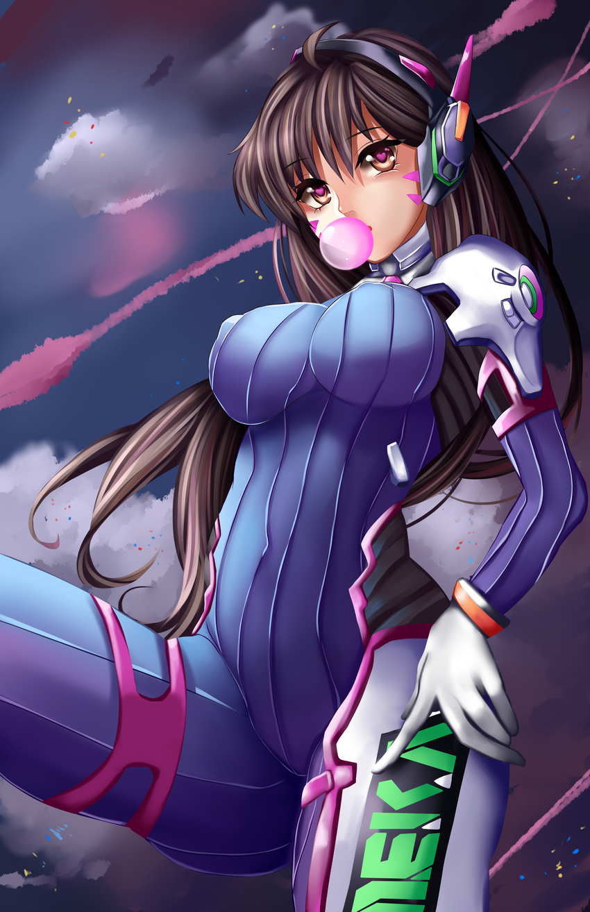 absurdres acronym bangs bodysuit boots bracer breasts brown_eyes brown_hair bubble_blowing chewing_gum cloud cloudy_sky condensation_trail covered_navel covered_nipples cowboy_shot d.va_(overwatch) eyebrows eyebrows_visible_through_hair facepaint facial_mark gloves hand_on_leg headphones heart heart-shaped_pupils highres katrina_lynn large_breasts long_hair long_sleeves night night_sky overwatch pauldrons pilot_suit ribbed_bodysuit shoulder_pads skin_tight sky solo symbol-shaped_pupils thigh_boots thigh_strap thighhighs turtleneck whisker_markings white_footwear white_gloves