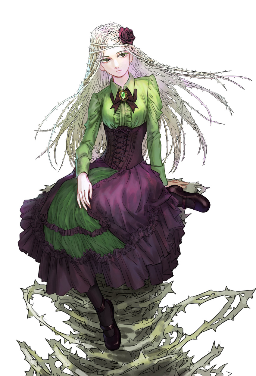 bad_id bad_pixiv_id boku_no_hero_academia bow bowtie corset dress flower full_body green_eyes green_hair hair_flower hair_ornament highres long_hair plant plant_hair rose scy shiozaki_ibara simple_background sitting solo thorns vines white_background