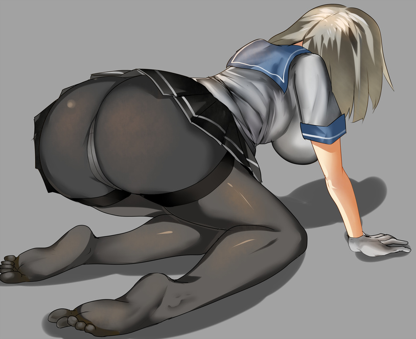 all_fours ass black_legwear black_skirt breasts commentary_request crotch_seam feet from_behind full_body gloves grey_legwear hamakaze_(kantai_collection) highres hizagawa_rau kantai_collection large_breasts microskirt no_shoes panties panties_under_pantyhose pantyhose pleated_skirt school_uniform serafuku shadow shiny shiny_clothes short_hair short_sleeves silver_hair skirt soles solo thighband_pantyhose underwear upskirt white_gloves
