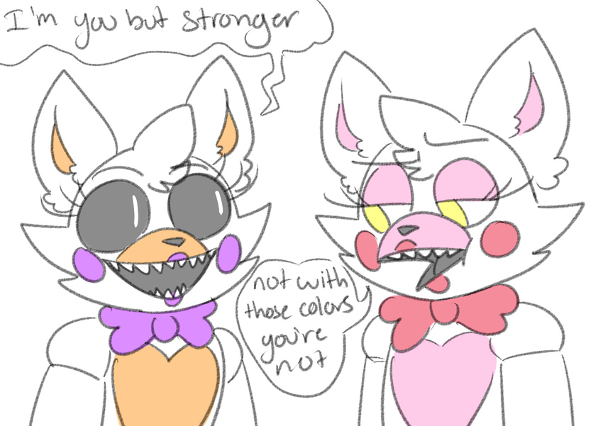 animatronic anthro black_sclera bow_tie canine dialogue duo english_text fangs female five_nights_at_freddy's five_nights_at_freddy's_2 fox half-closed_eyes inner_ear_fluff lipstick lolbit_(fnaf) machine mammal mangle_(fnaf) robot text toy_foxy_(fnaf) unimpressed unnecessaryfansmut video_games yellow_eyes