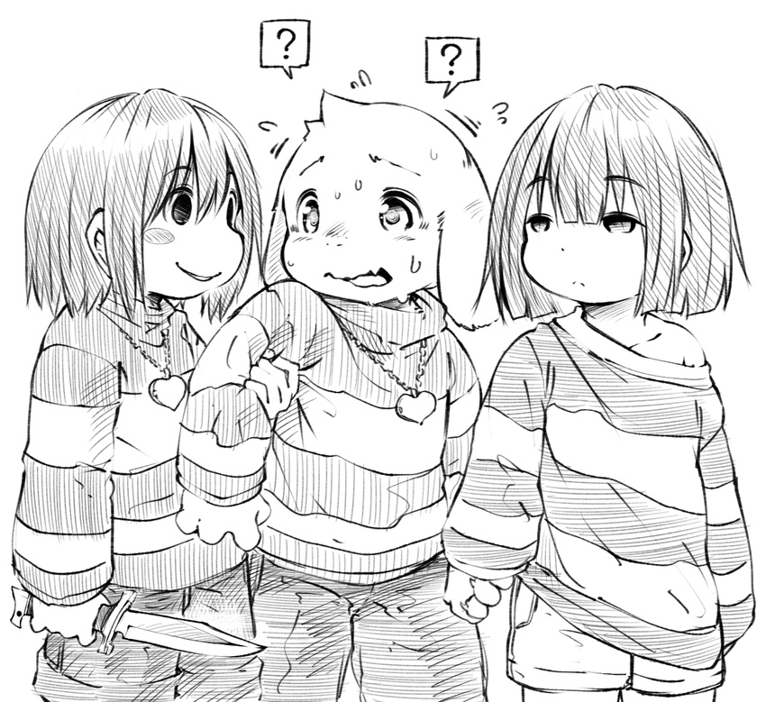 2others androgynous asriel_dreemurr bad_id bad_pixiv_id blush blush_stickers bowl_cut chara_(undertale) frisk_(undertale) greyscale half-closed_eyes heart heart_necklace holding holding_hands holding_weapon jewelry knife locket monochrome monster_boy multiple_others necklace off_shoulder pendant rai-rai shirt spoilers striped striped_shirt sweat undertale weapon