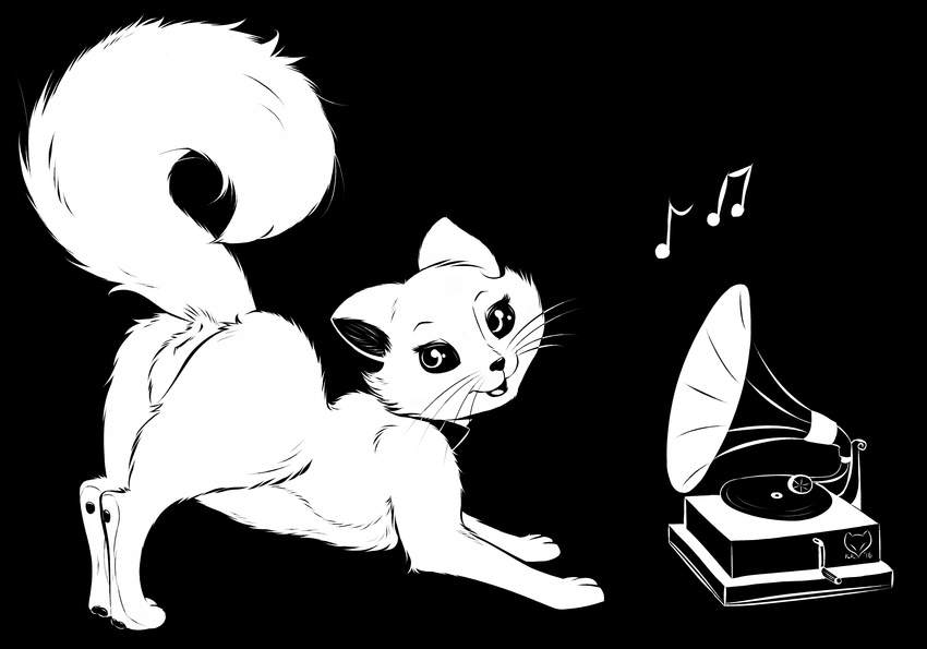 absurd_res anus ass_up black_and_white butt cat collar disney duchess eyelashes feline female feral fur gramophone hi_res kettukarkki looking_back mammal monochrome musical_note pawpads paws presenting presenting_hindquarters pussy raised_tail simple_background solo the_aristocats