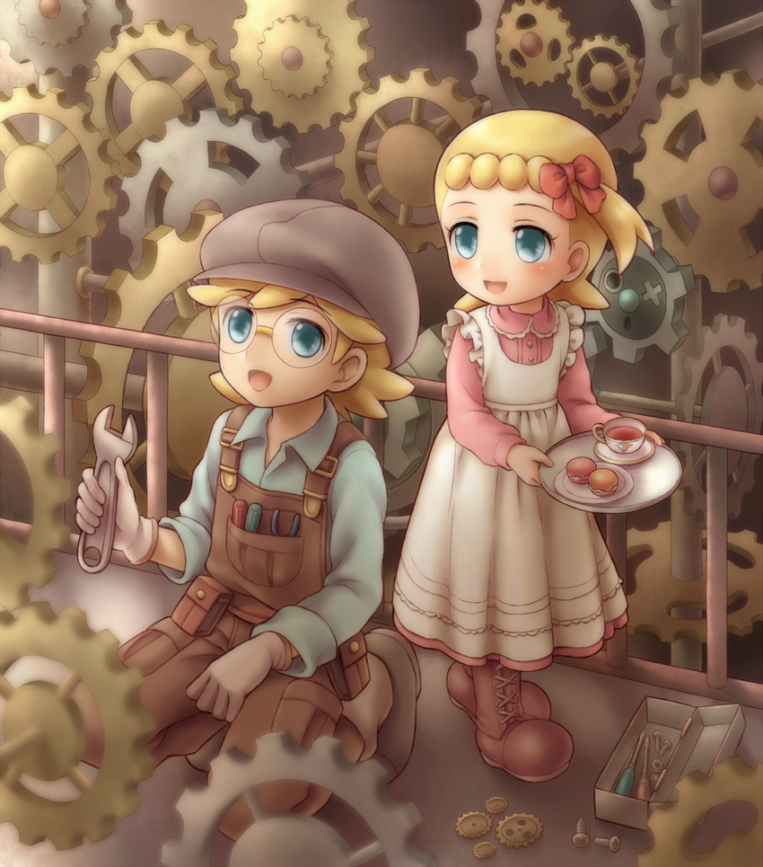 1girl asymmetrical_hair blonde_hair blue_eyes blush boots bow brother_and_sister brown_footwear brown_hat citron_(pokemon) cross-laced_footwear cup dress eureka_(pokemon) food full_body gears glasses gloves hair_bow hat highres indoors kneeling nut_(hardware) open_mouth overalls plate pokemon pokemon_(anime) pokemon_xy_(anime) porocha pouch railing screw screwdriver siblings standing tea teacup toolbox tools tray white_dress white_gloves wrench