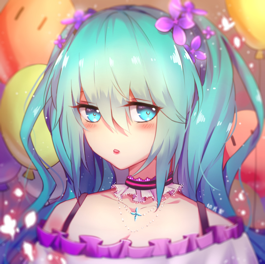 1girl 277114602 absurdres aqua_eyes balloon bangs bare_shoulders blurry blurry_background blush choker collarbone commentary_request dress eyebrows_visible_through_hair face flower frills green_hair hair_between_eyes hair_flower hair_ornament hatsune_miku highres jewelry long_hair looking_at_viewer necklace parted_lips red_balloon solo translation_request twintails vocaloid