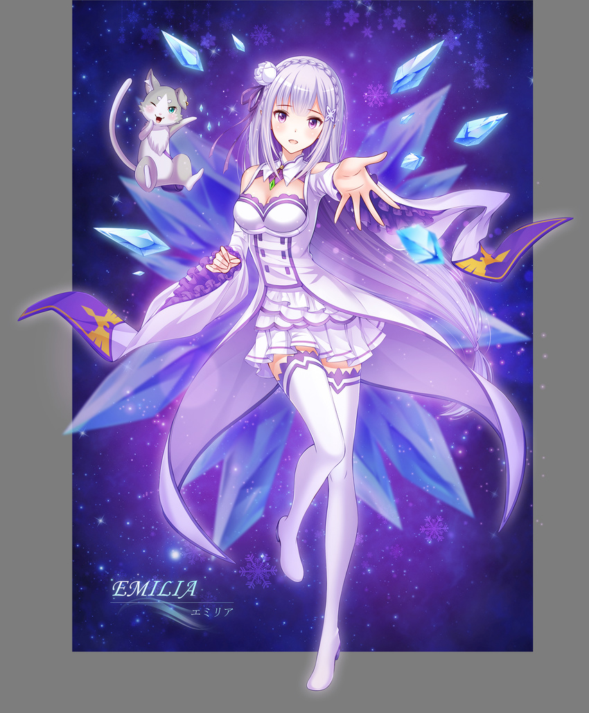 absurdres blue_eyes breasts cat character_name cleavage emilia_(re:zero) flower hair_flower hair_ornament hair_ribbon highres ice long_hair looking_at_viewer ltt_challenger medium_breasts one_eye_closed open_mouth pleated_skirt puck_(re:zero) purple_eyes purple_ribbon re:zero_kara_hajimeru_isekai_seikatsu ribbon silver_hair skirt solo thighhighs white_flower white_legwear white_skirt zettai_ryouiki