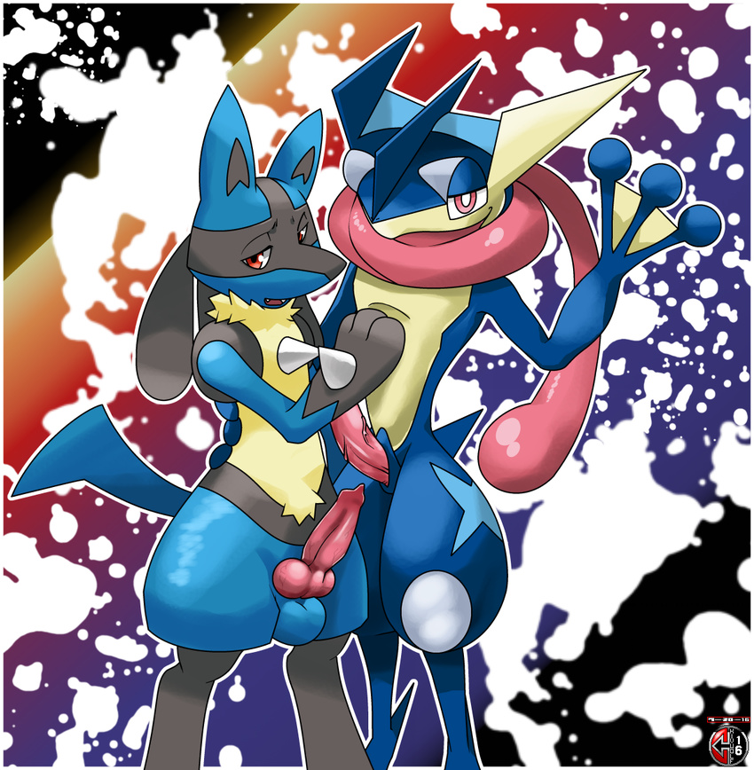 animal_genitalia animal_penis balls canine_penis duo erection greninja kivwolf knot lucario male male/male nintendo penis pok&eacute;mon video_games