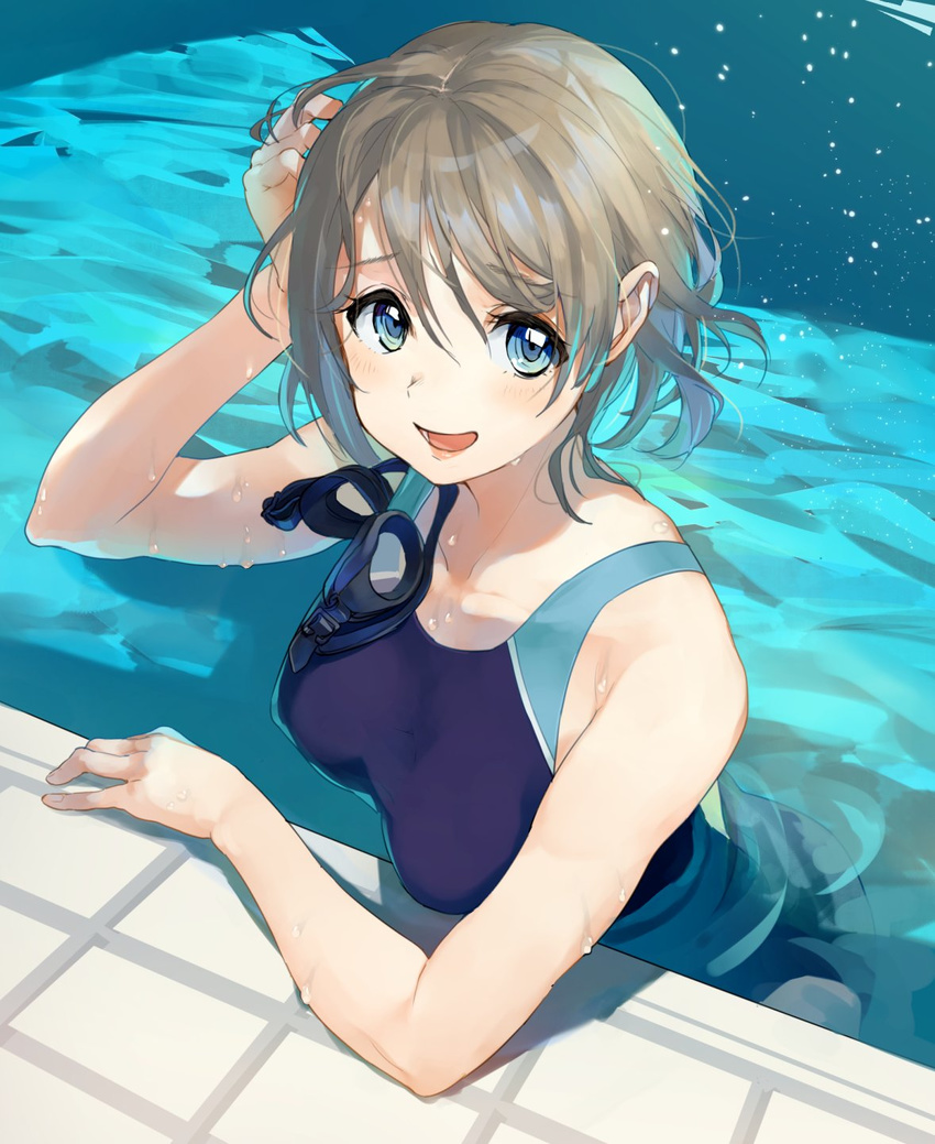 bad_id bad_twitter_id bare_shoulders blue_eyes blush breasts brown_hair competition_swimsuit goggles goggles_removed highres in_swimsuit large_breasts looking_at_viewer love_live! love_live!_sunshine!! onbr one-piece_swimsuit open_mouth partially_submerged pool poolside short_hair smile solo swimsuit watanabe_you