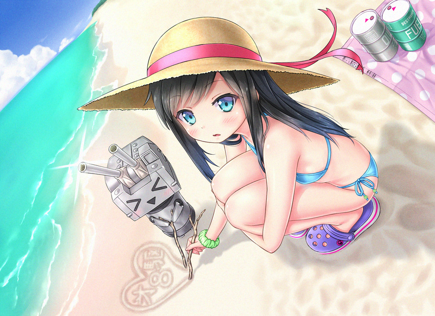 &gt;_&lt; :&gt; alternate_costume asashio_(kantai_collection) bangs bare_arms bare_legs bare_shoulders beach bikini black_hair blanket blue_bikini blue_eyes blue_sky branch can closed_eyes cloud crocs day drum_(container) dutch_angle eyebrows eyebrows_visible_through_hair from_above from_side fuel full_body gotou_hisashi hat hat_ribbon heart highres kantai_collection leg_hug long_hair looking_at_viewer looking_up ocean outdoors polka_dot red_ribbon rensouhou-chan ribbon sand sand_writing scrunchie shadow side-tie_bikini sky squatting straw_hat string_bikini summer swimsuit wrist_scrunchie