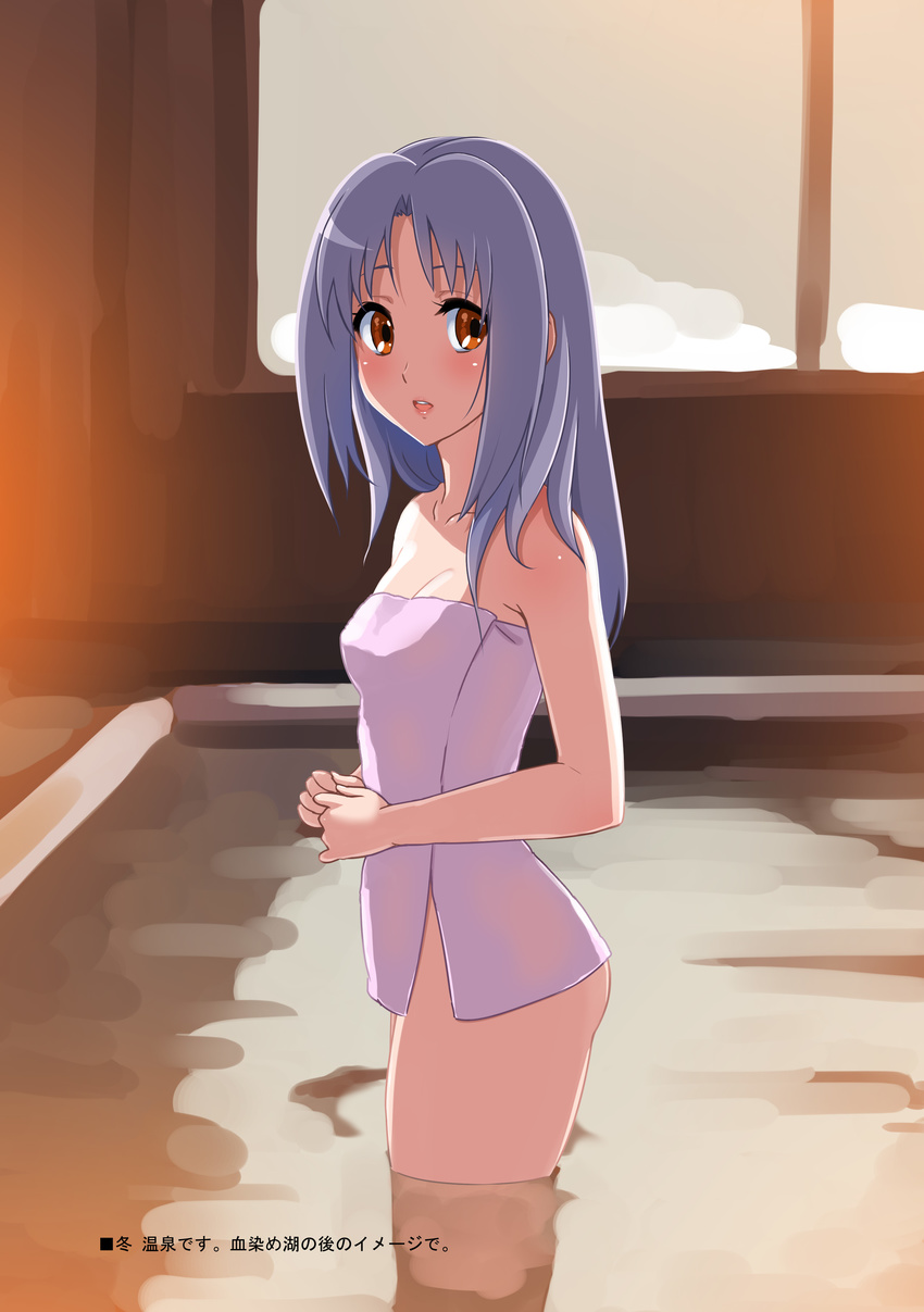 1girl bath bathing bathroom brown_eyes gakkou_no_kaidan_(anime) indoors koigakubo_momoko loli long_hair looking_at_viewer open_mouth purple_hair towel water window