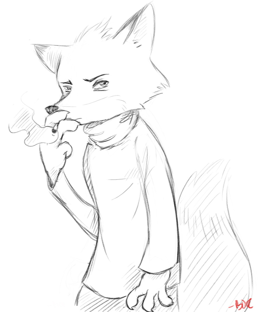 anthro boreoboros canine charlie_(weaver) cigarette clothed clothing disney fan_character fox male mammal monochrome smoking solo zootopia