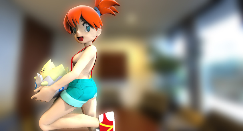 2016 3d_(artwork) bbmbbf breasts chair clothing digital_media_(artwork) eggshell eyebag female footwear living_room male misty nintendo overalls palcomix patio_door pok&eacute;mon pokepornlive scrunchie shoes shorts side_boob table togepi video_games