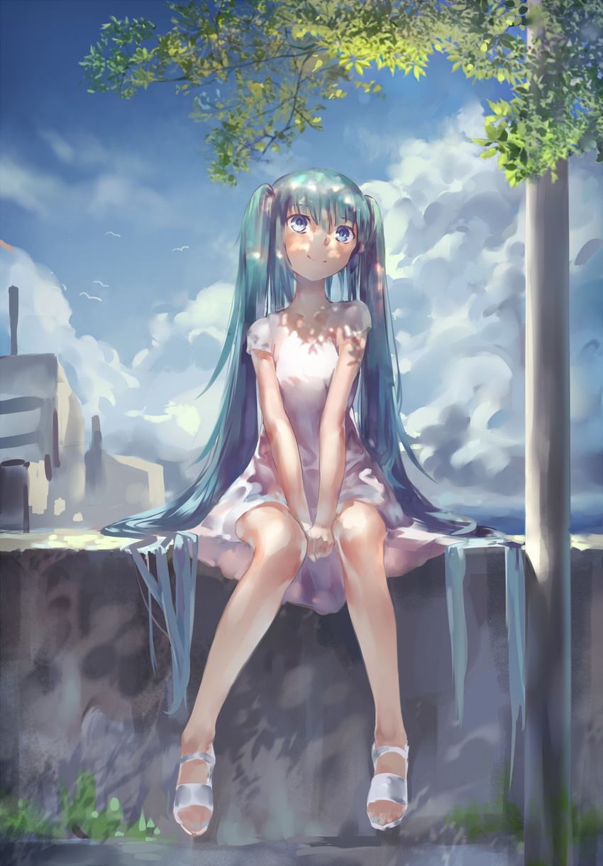 aqua_hair azomo blue_eyes cloud cloudy_sky concrete dappled_sunlight day dress foot_dangle full_body green_hair hatsune_miku head_tilt highres long_hair looking_up md5_mismatch no_socks on_wall outdoors own_hands_together pole sandals shadow short_sleeves sitting sky smile solo sunlight toenail_polish tree tree_shade twintails v_arms very_long_hair vocaloid wall white_dress