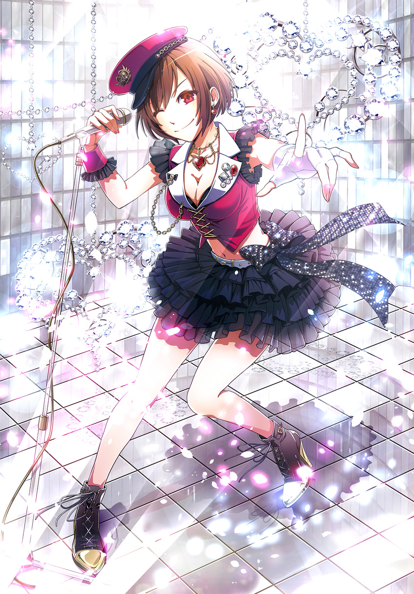 asymmetrical_gloves belt black_skirt breasts brown_hair cleavage collarbone earrings fingerless_gloves fingernails frilled_skirt frills gloves hat highres holding holding_microphone jewelry komaki_(gigu) looking_at_viewer medium_breasts meiko microphone midriff navel one_eye_closed red_eyes see-through short_hair skirt smile solo vocaloid white_gloves