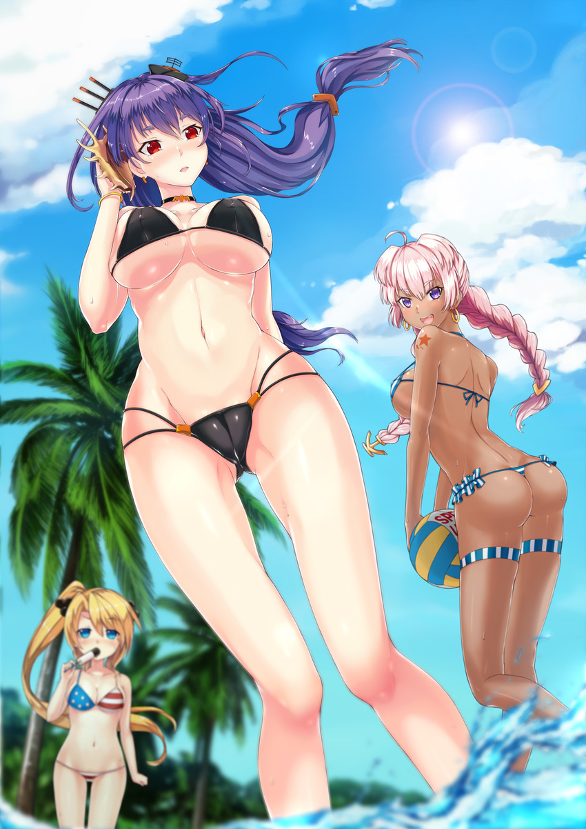 american_flag_bikini archerfish_(zhan_jian_shao_nyu) ass beach bikini black_bikini blonde_hair blue_eyes blush bracelet braid breasts brooklyn_(zhan_jian_shao_nyu) cameltoe choker cloud dark_skin day e_neko earrings flag_print food from_below headgear helena_(zhan_jian_shao_nyu) highres jewelry large_breasts lavender_hair long_hair looking_at_another looking_at_viewer looking_back low_twintails multi-strapped_bikini multiple_girls open_mouth outdoors popsicle purple_eyes purple_hair red_eyes seashell shell sky smile strap_gap string_bikini summer sun swimsuit thong thong_bikini twin_braids twintails underboob very_long_hair volleyball wading water zhan_jian_shao_nyu