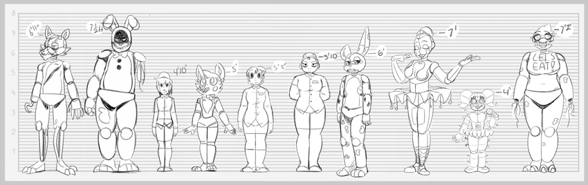 animatronic avian baby_(fnafsl) ballora_(fnafsl) bird bonnie_(fnaf) canine chica_(fnaf) chicken fan_character female five_nights_at_freddy's five_nights_at_freddy's_2 fox foxy_(fnaf) frown group height_chart human lagomorph looking_at_viewer machine male mammal mangle_(fnaf) monochrome rabbit robot size_difference smile springtrap_(fnaf) toy_foxy_(fnaf) unnecessaryfansmut video_games withered_bonnie_(fnaf) withered_chica_(fnaf) withered_foxy_(fnaf)