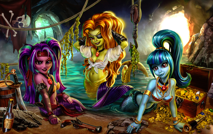 adagio_dazzle_(eg) alcohol aria_blaze_(eg) bandanna beverage bottle breasts cave cleavage clothed clothing coin elbow_gloves equestria_girls eye_patch eyewear female fishnet flag flintlock gloves gold_(metal) group harwick jewelry jolly_roger marine merfolk my_little_pony necklace pigtails pirate ponytail rum siren sonata_dusk_(eg) telescope treasure water