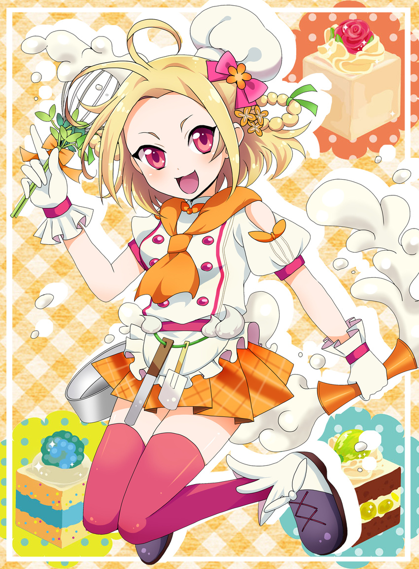 :d ahoge blonde_hair bow cake chef_hat flower_knight_girl food frills full_body gloves hat hat_bow highres looking_at_viewer masako_(sabotage-mode) open_mouth orange_scarf orange_skirt plaid plaid_skirt red_bow red_eyes red_legwear scarf shoes short_hair skirt smile solo spatula thighhighs whisk white_gloves white_hat yadorigi_(flower_knight_girl) zettai_ryouiki