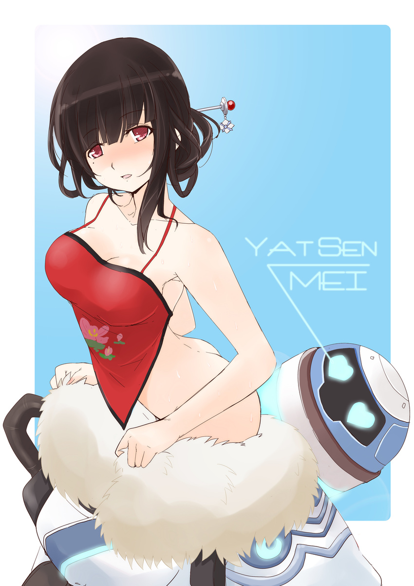 2x2eyes absurdres ass black_hair blush breasts character_name chinese_clothes cosplay dudou hair_ornament hair_stick heart heart-shaped_pupils highres large_breasts looking_at_another looking_at_viewer mei_(overwatch) mei_(overwatch)_(cosplay) mole mole_under_eye overwatch parted_lips red_eyes robot short_hair snowball_(overwatch) solo sweat symbol-shaped_pupils undressing winter_clothes yat_sen_(zhan_jian_shao_nyu) zhan_jian_shao_nyu