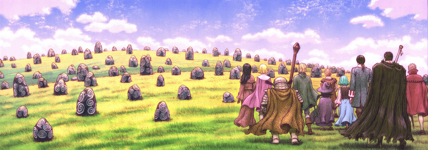 6+boys absurdres aqua_hair armor azan_(berserk) berserk black_hair blonde_hair cape casca cloud cloudy_sky colorized dragonslayer_(sword) farnese full_armor guts hat highres isidro isma landscape miura_kentarou multiple_boys multiple_girls outdoors puck rock scenery schierke serpico sky staff sword too_many weapon witch_hat