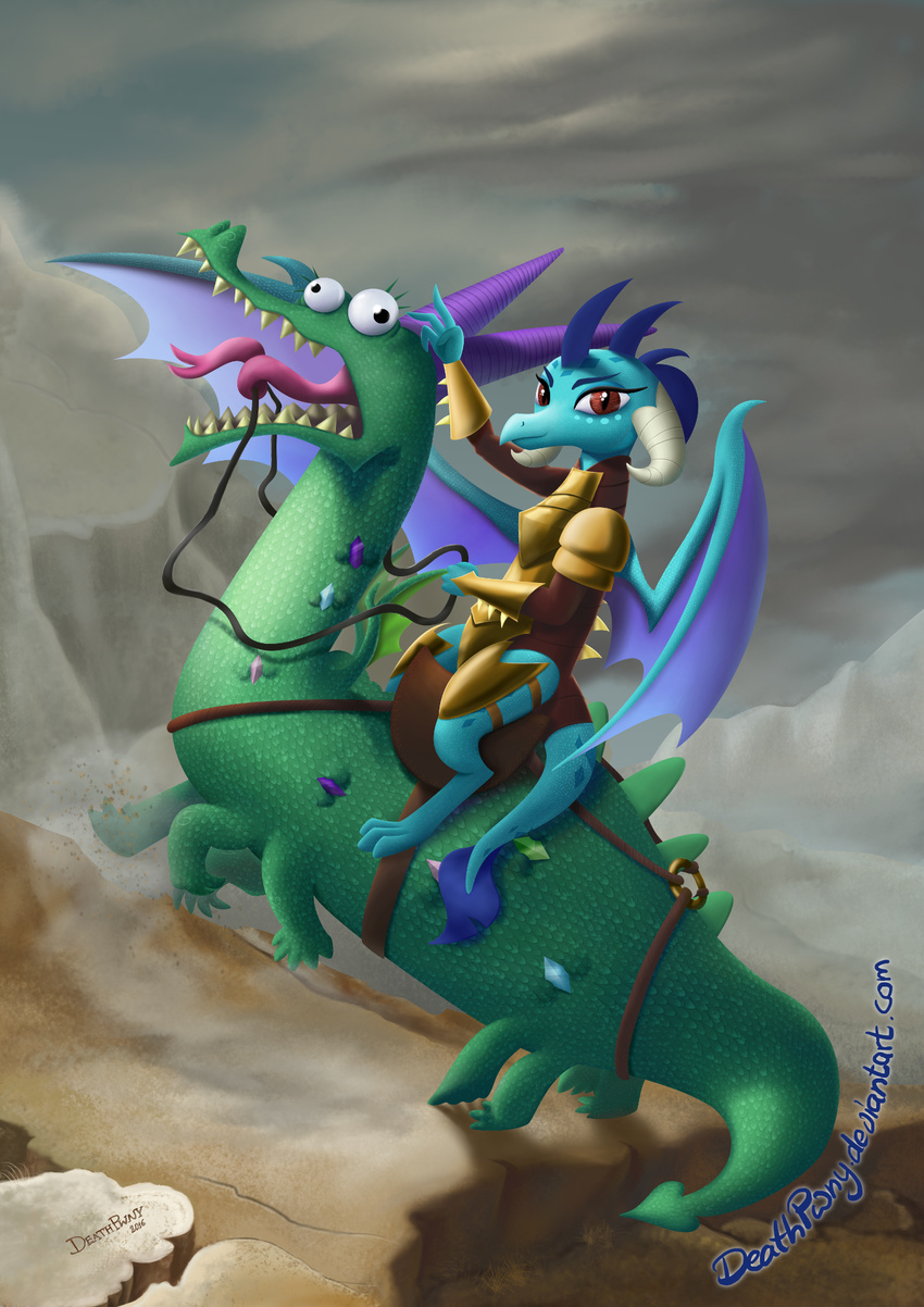 2016 armor big_teeth blue_scales cloud crackle_(mlp) deathpwny dragon duo female feral friendship_is_magic hi_res horn landscape looking_at_viewer membranous_wings my_little_pony open_mouth outside princess_ember_(mlp) red_eyes riding rock scales scalie sky spread_wings tongue wings