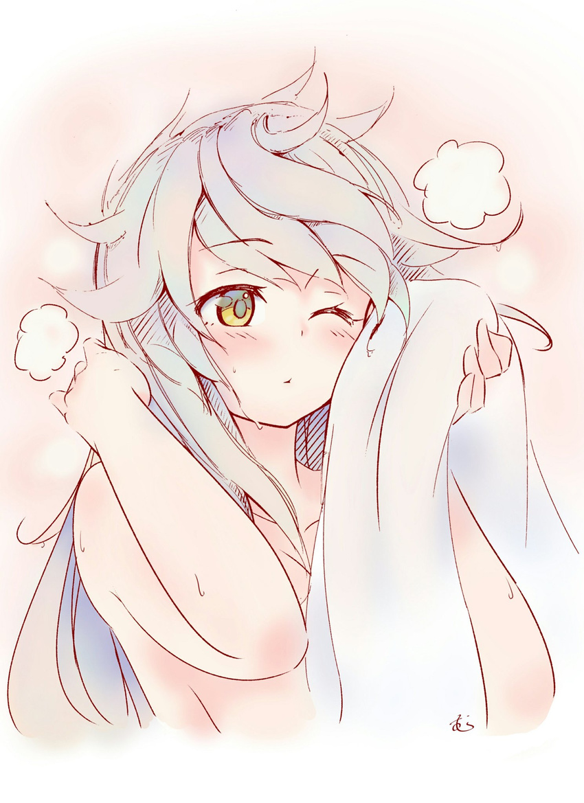 asymmetrical_hair bad_id bad_twitter_id breasts cheek_press collarbone drying drying_body hair_between_eyes hair_down highres kantai_collection large_breasts long_hair nude pink_background silver_hair sketch solo steam tatsu_shinomu towel unryuu_(kantai_collection) very_long_hair wavy_hair yellow_eyes