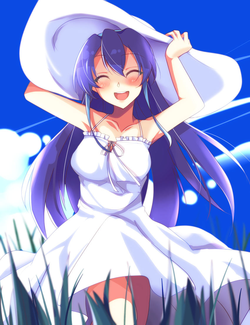 :d ^_^ absurdres blue_hair breasts closed_eyes collarbone dress hands_on_headwear happy hat highres long_hair multicolored_hair open_mouth serena_(yuu-gi-ou_arc-v) smile solo sundress two-tone_hair very_long_hair yaharinaneanisu yuu-gi-ou yuu-gi-ou_arc-v