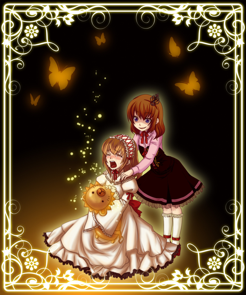 blue_eyes blush brown_hair bug butterfly child crown dress dual_persona evil_grin evil_smile frills grin highres insect mishiyomi_kazumi multiple_girls ribbon sakutarou sitting smile socks tears time_paradox umineko_no_naku_koro_ni ushiromiya_maria