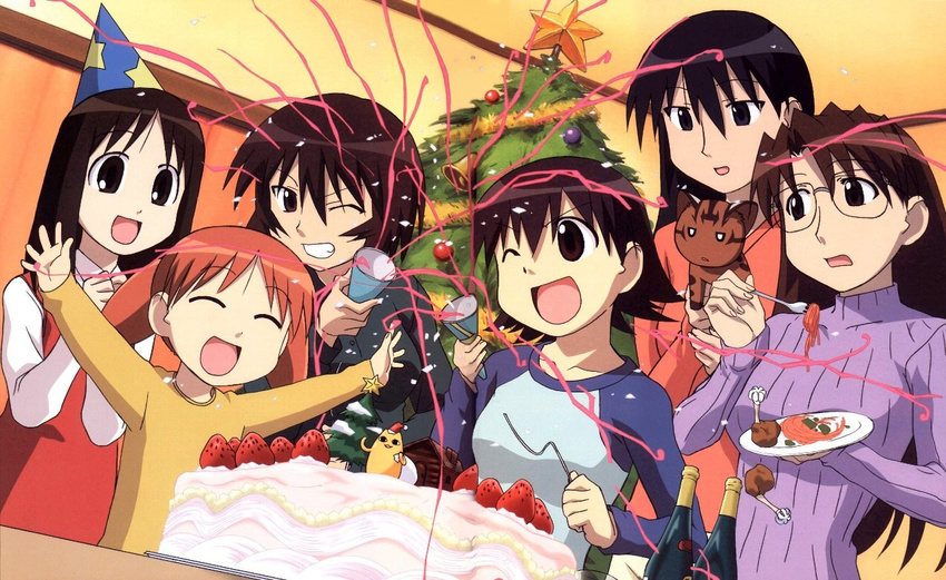 artist_request azumanga_daiou brown_eyes brown_hair cake cat chiyo_chichi christmas everyone food glasses hat kagura_(azumanga_daiou) kasuga_ayumu long_hair mayaa mihama_chiyo mizuhara_koyomi multiple_girls orange_hair pastry raglan_sleeves sakaki short_twintails takino_tomo twintails