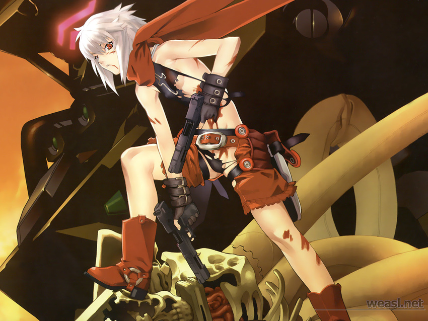 bakuretsu_tenshi blood fringe_trim gun hakua_ugetsu handgun injury jo_(bakuretsu_tenshi) pistol solo weapon