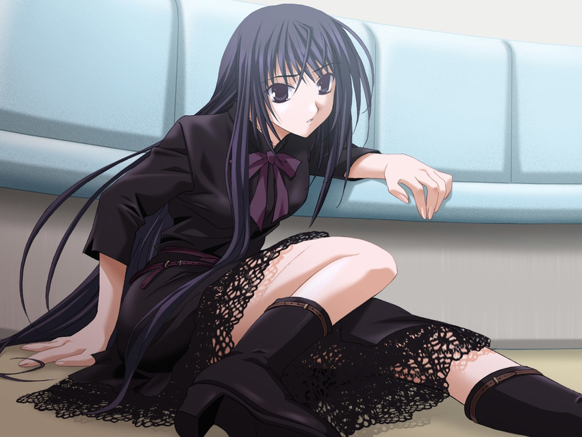 ahoge arm_support belt blue_eyes blue_hair boots bow bowtie couch dress ever_17 game_cg gothic high_heels komachi_tsugumi lace long_hair long_sleeves on_floor scar shoes sitting solo takigawa_yuu very_long_hair